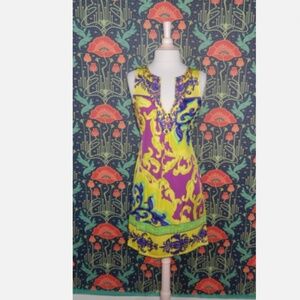 Hale Bob Purple Yellow Beaded Tunic Silk Jersey Mini Dress XS